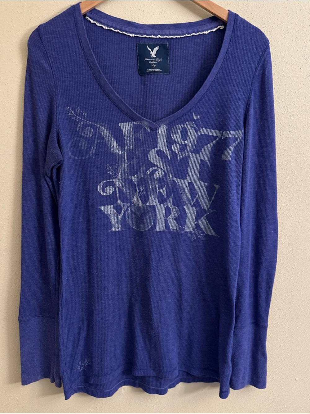 Vtg Y2K American Eagle New York Long Sleeve Knit V Neck Top Shirt XL